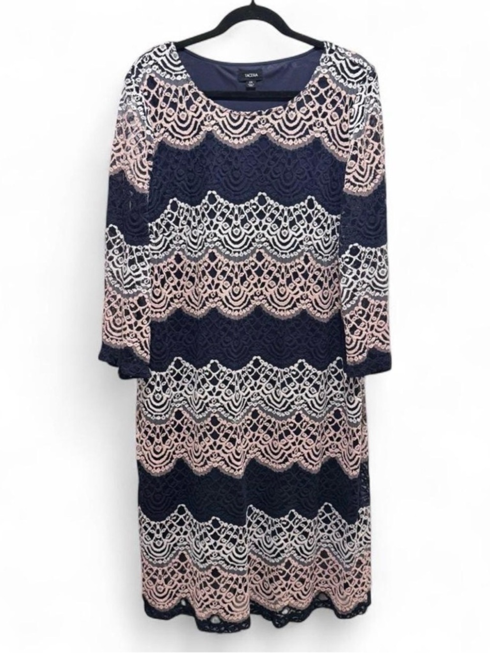 Tacera Navy, White & Pink Lace Midi Dress
